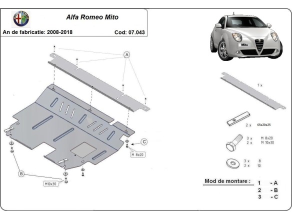 Ocelový kryt motoru Alfa Romeo Mito (2008-2018)Alfa Romeo Mito