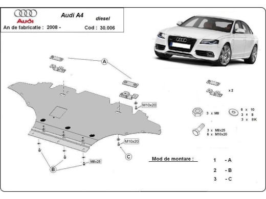 Ocelový kryt motoru Audi A4 B8, diesel (2008-2015)Audi A4