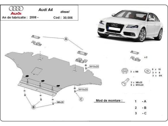Ocelový kryt motoru Audi A4 B8, diesel (2008-2015)Audi A4