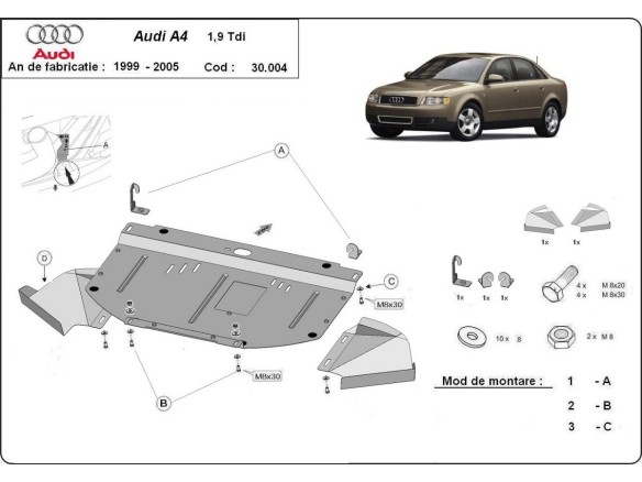 Ocelový kryt motoru Audi A4 B6, 1.9 Tdi (1999-2005)Audi A4