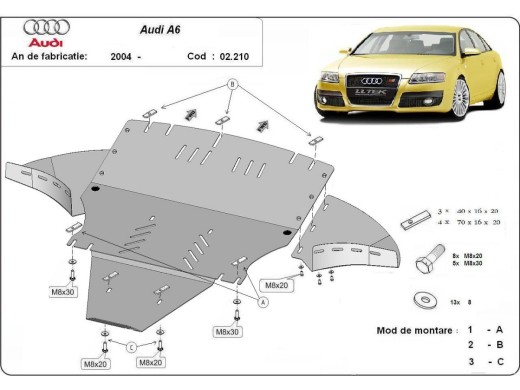 Ocelový kryt motoru Audi A6 s bočními klapkami (2004-2011)Audi A6