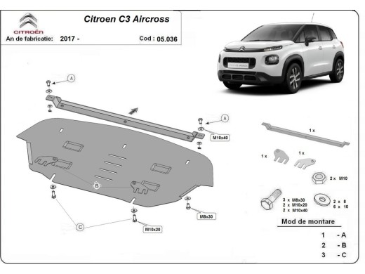 Ocelový kryt motoru Citroen C3 Aircross (2017-2025)Citroen C3 Aircross