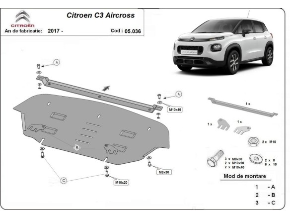 Ocelový kryt motoru Citroen C3 Aircross (2017-2025)Citroen C3 Aircross
