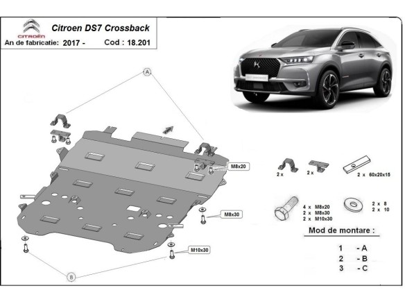 Ocelový kryt motoru Citroen DS7 Crossback (2017-2025)Citroen DS7 Crossback