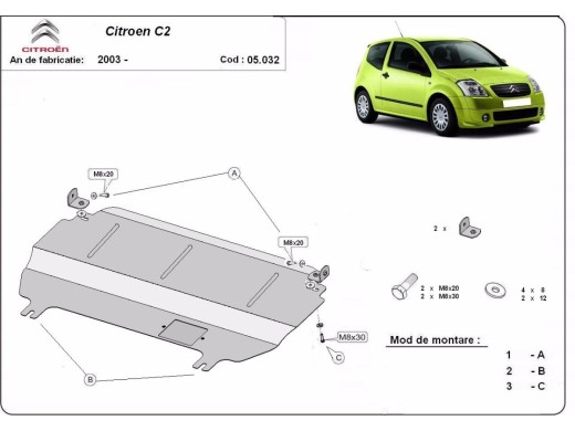 Ocelový kryt motoru Citroen C2 (2003-2009)Citroen C2