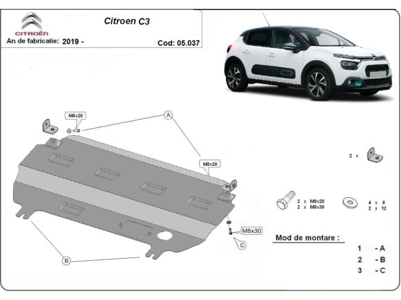 Ocelový kryt motoru Citroen C3 (2019-2025)Citroen C3