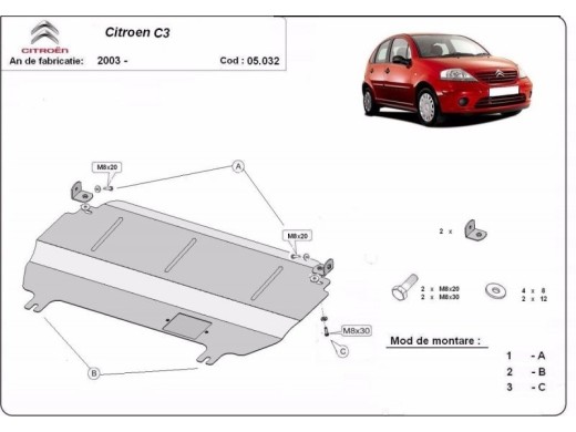 Ocelový kryt motoru Citroen C3 (2003-2016)Citroen C3