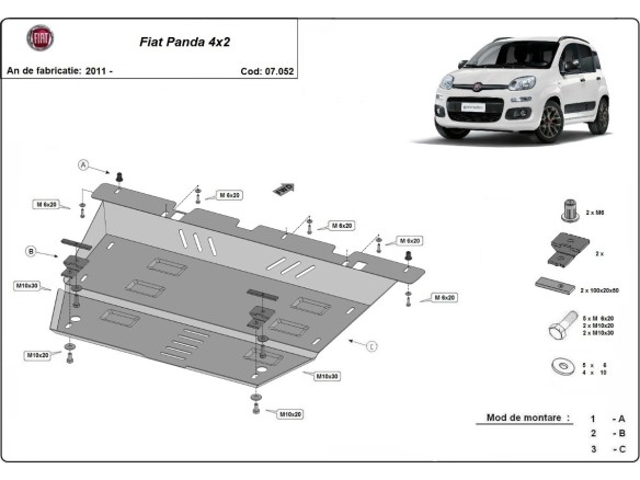 Ocelový kryt motoru Fiat Panda 4x2 (2011-2025)Fiat Panda