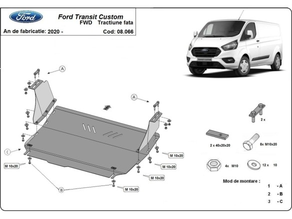Ocelový kryt motoru Ford Transit Custom - FWD (2020-2023)Ford Transit Custom