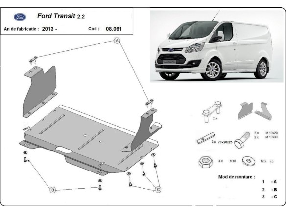 Ocelový kryt motoru Ford Transit Custom (2013-2019)Ford Transit Custom