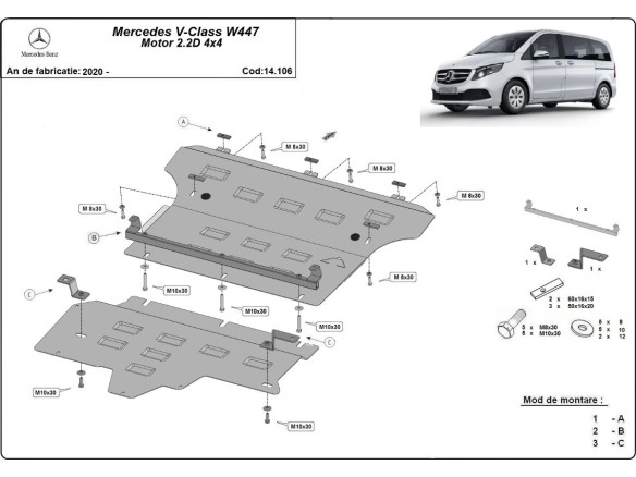 Ocelový kryt motoru Mercedes V-Class W447, 2.2 D, 4x4 (2020-2025)Mercedes V-Classe