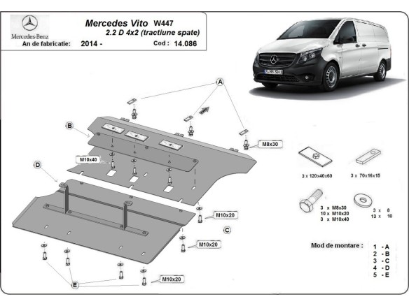 Ocelový kryt motoru Mercedes Vito W447 - 4X2 (2014-2025)Mercedes Vito