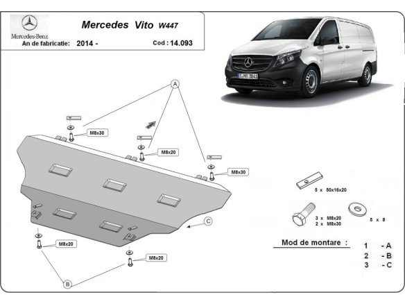 Ocelový kryt motoru Mercedes Vito W447, 4x2, 1.6 D (2014-2025)Mercedes Vito