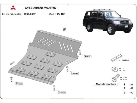 Ocelový kryt motoru Mitsubishi Pajero 3 (V60, V70) Vers 2.0 (1999-2007)Mitsubishi Shogun