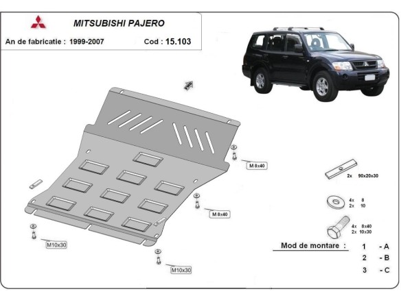 Ocelový kryt motoru Mitsubishi Pajero 3 (V60, V70) Vers 2.0 (1999-2007)Mitsubishi Shogun