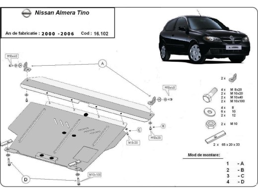 Ocelový kryt motoru Nissan Almera Tino (2000-2006)Nissan Almera
