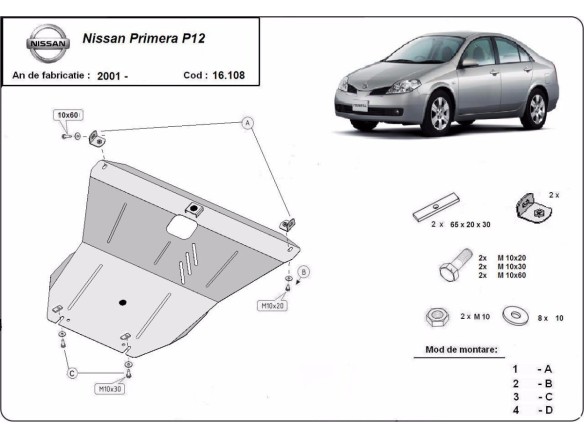 Ocelový kryt motoru Nissan Primera P12 (2001-2007)Nissan Primera