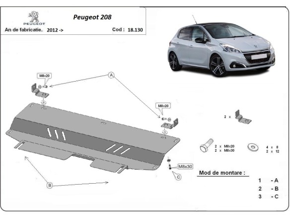 Ocelový kryt motoru Peugeot 208 (2012-2019)Peugeot 208