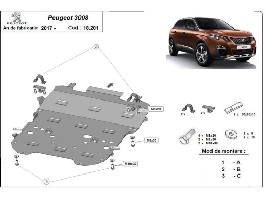 Ocelový kryt motoru Peugeot 3008 (2017-2024)Peugeot 3008