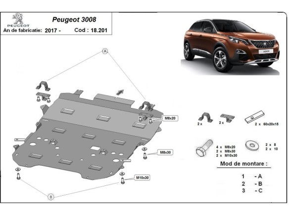 Ocelový kryt motoru Peugeot 3008 (2017-2024)Peugeot 3008