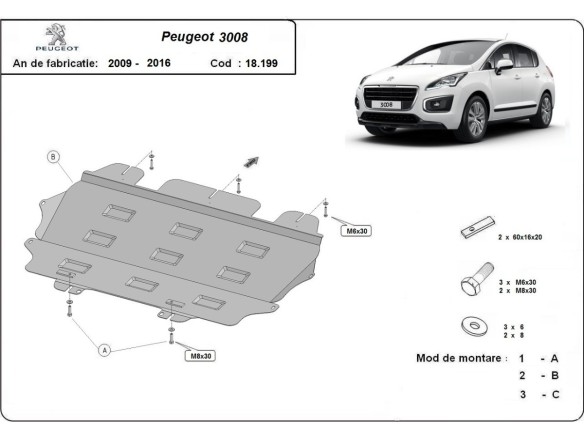 Ocelový kryt motoru Peugeot 3008 (2009-2016)Peugeot 3008