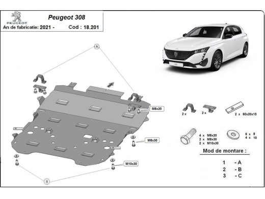 Ocelový kryt motoru Peugeot 308 (2018-2025)Peugeot 308