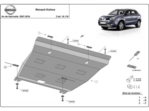 Ocelový kryt motoru Renault Koleos - Vers 2.0 (2007-2016)Renault Koleos