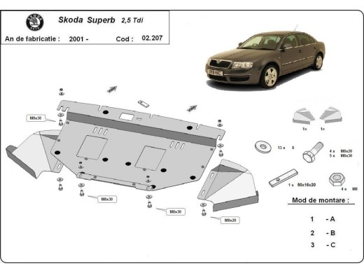 Ocelový kryt motoru Skoda Superb - 2.5 Tdi, V6 (2001-2008)Skoda Superb