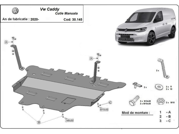 Ocelový kryt motoru VW Caddy (2020-2025)Volkswagen Caddy