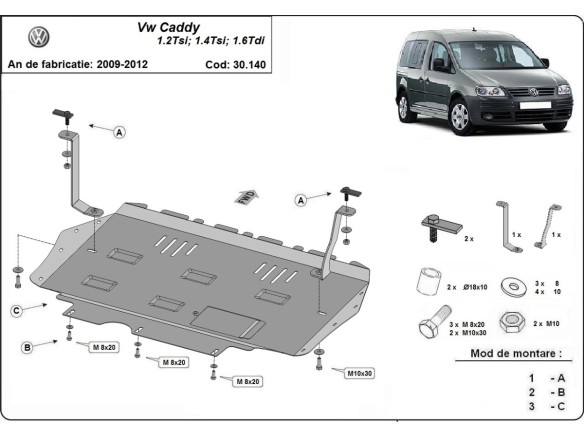 Ocelový kryt motoru Volkswagen Caddy (2010-2012)Volkswagen Caddy