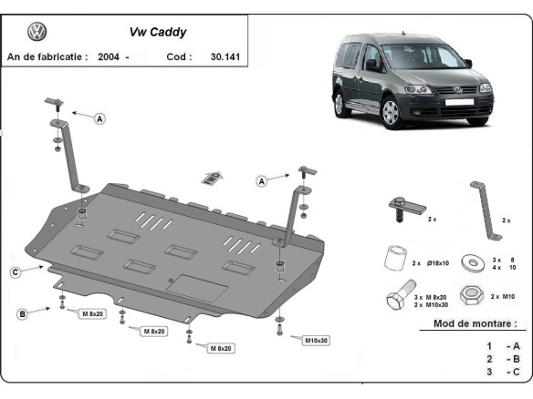 Ocelový kryt motoru VW Caddy (2003-2012)Volkswagen Caddy