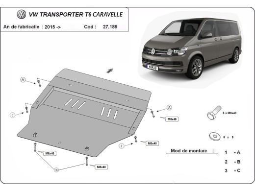 Ocelový kryt motoru Volkswagen Transporter T6 Caravelle (2015-2025)Volkswagen Caravelle