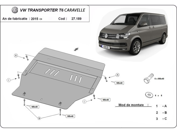 Ocelový kryt motoru Volkswagen Transporter T6 Caravelle (2015-2026)Volkswagen Caravelle