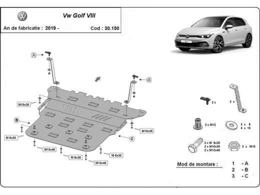 Ocelový kryt motoru VW Golf 8 (2019-2025)Volkswagen Golf