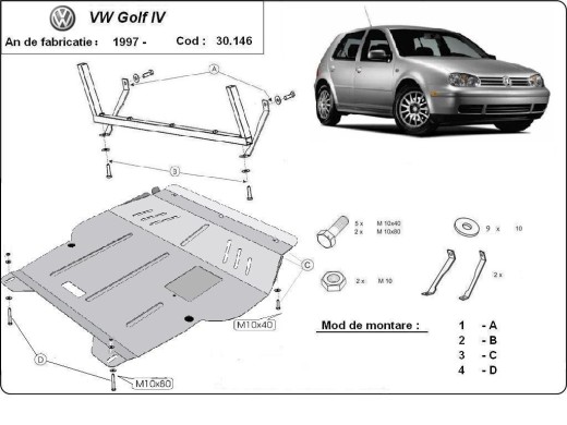 Ocelový kryt motoru VW Golf 4 (1998-2006)Volkswagen Golf