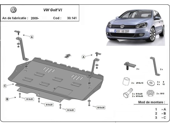 Ocelový kryt motoru VW Golf 6 (2008-2010)Volkswagen Golf