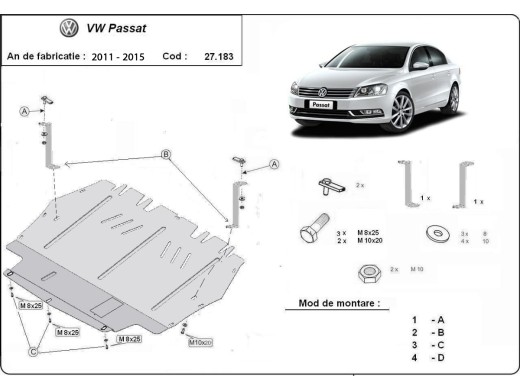 Ocelový kryt motoru VW Passat B7 (2011-2015)Volkswagen Passat