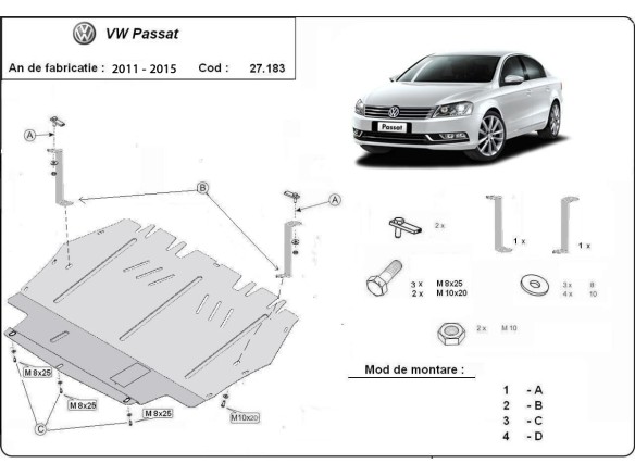 Ocelový kryt motoru VW Passat B7 (2011-2015)Volkswagen Passat