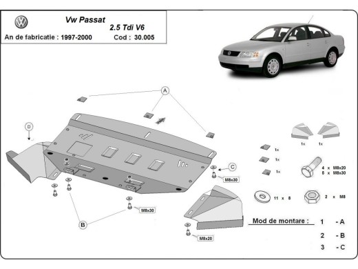 Ocelový kryt motoru VW Passat B5 2.5 TDI V6 (1997-2000)Volkswagen Passat