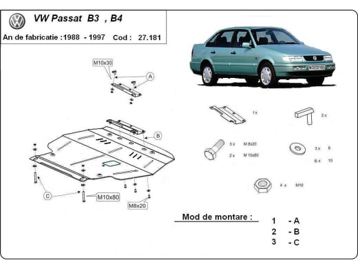 Ocelový kryt motoru Volkswagen Passat - B3, B4 - Diesel (1988-1997)Volkswagen Passat