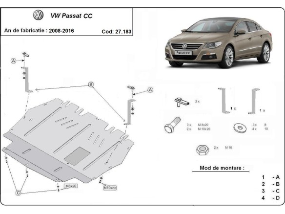 Ocelový kryt motoru VW Passat CC (2008-2016)Volkswagen Passat