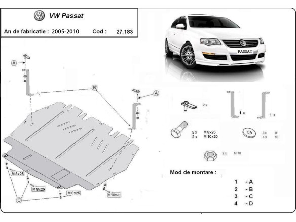 Ocelový kryt motoru VW Passat B6 (2005-2010)Volkswagen Passat