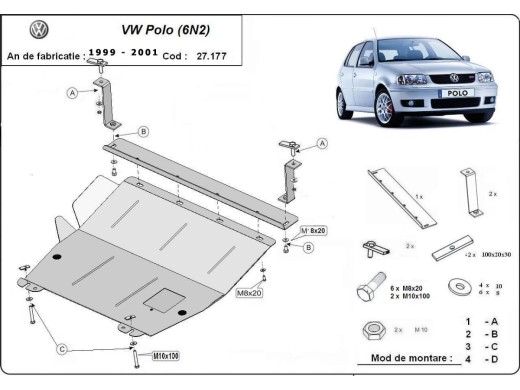 Ocelový kryt motoru VW Polo 6n2 (1999-2001)Volkswagen Polo