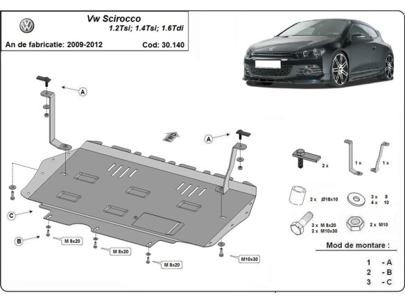 Ocelový kryt motoru Volkswagen Scirocco (2008-2017)Volkswagen Scirocco