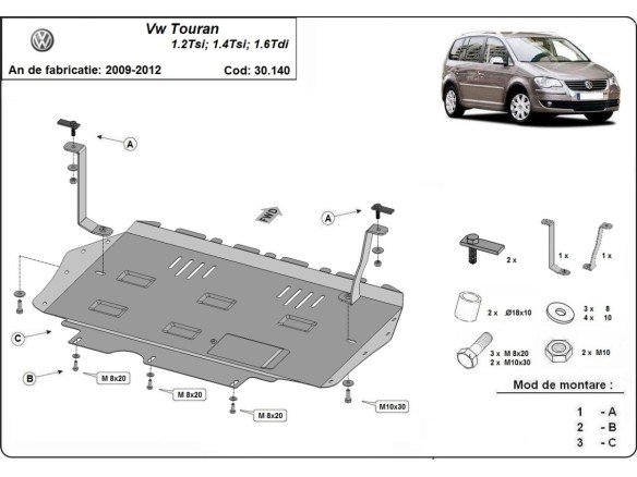 Ocelový kryt motoru Volkswagen Touran (2010-2015)Volkswagen Touran