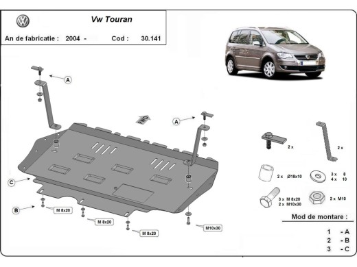 Ocelový kryt motoru Volkswagen Touran (2003-2015)Volkswagen Touran