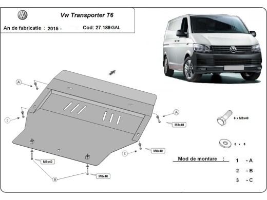 Ocelový kryt motoru pozinkovaná Volkswagen Transporter T6 (2015-2018)Volkswagen Transporter
