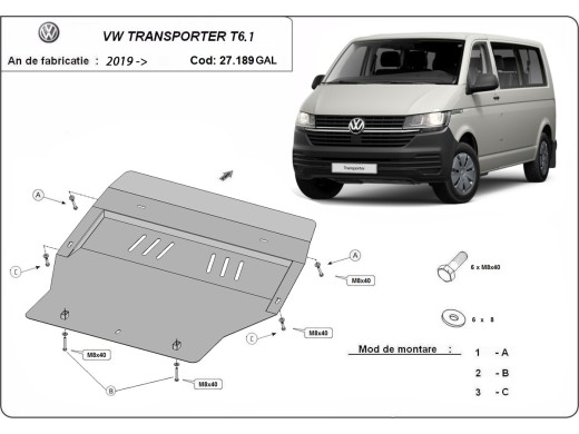Ocelový kryt motoru pozinkovaná Volkswagen Transporter T6.1 (2019-2022)Volkswagen Transporter