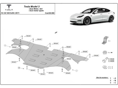 Ocelový kryt zadního elektromotoru Tesla Model 3 AWD (2017-2025) 2