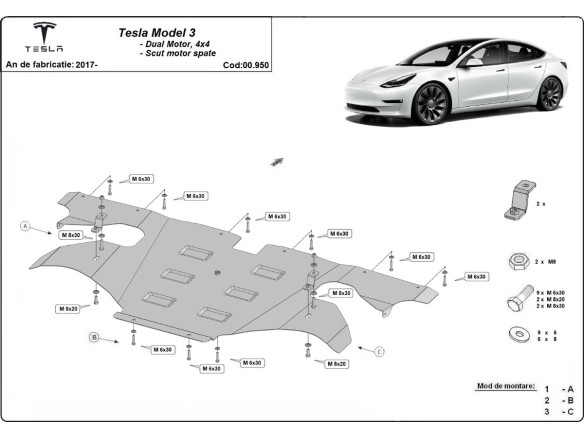 Ocelový kryt zadního elektromotoru Tesla Model 3 AWD (2017-2025)Tesla Model 3